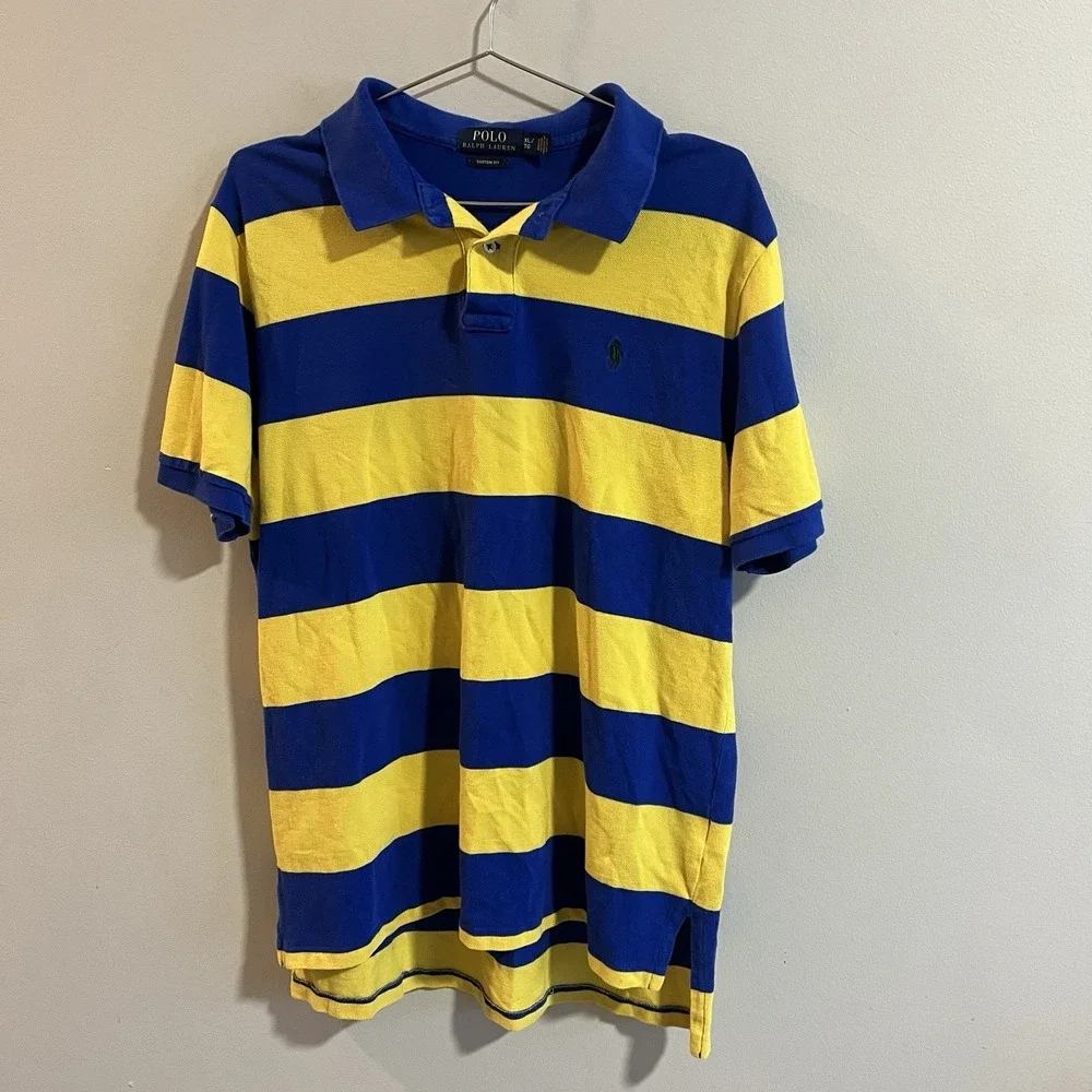 Polo Ralph Lauren Mens XL Polo Shirt Rugby Custom Fit Blue Yellow Stripes Golf